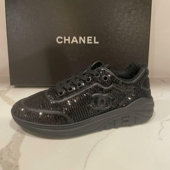 CHANEL 20P Sequined Sequin Lace Up Low Top Sneakers Kicks Shoes - Picture 1 of 9